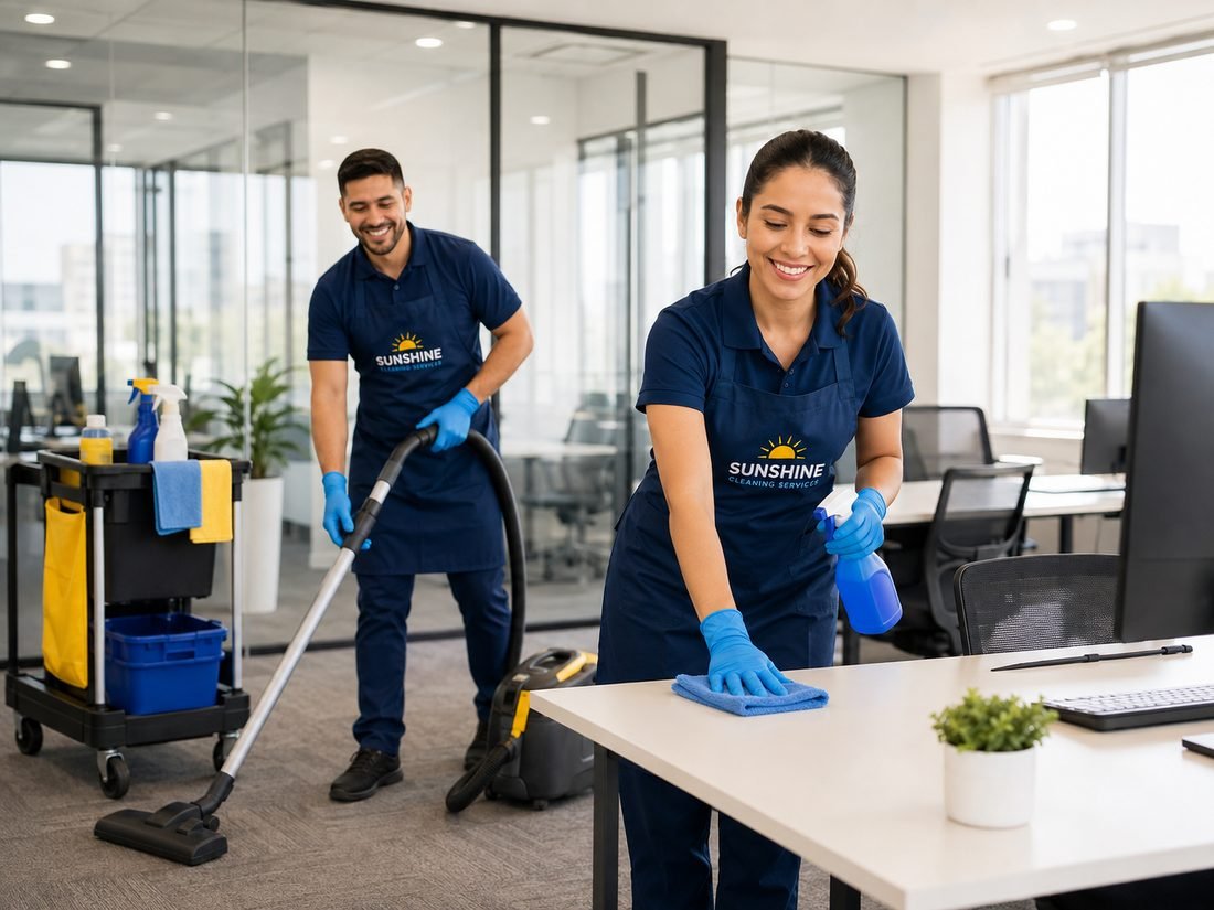 Sunshine Cleaning Services team cleaning a commercial office
