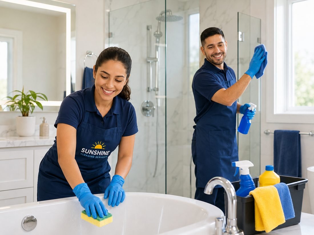 Sunshine Cleaning Services team performing a deep clean of a bathroom