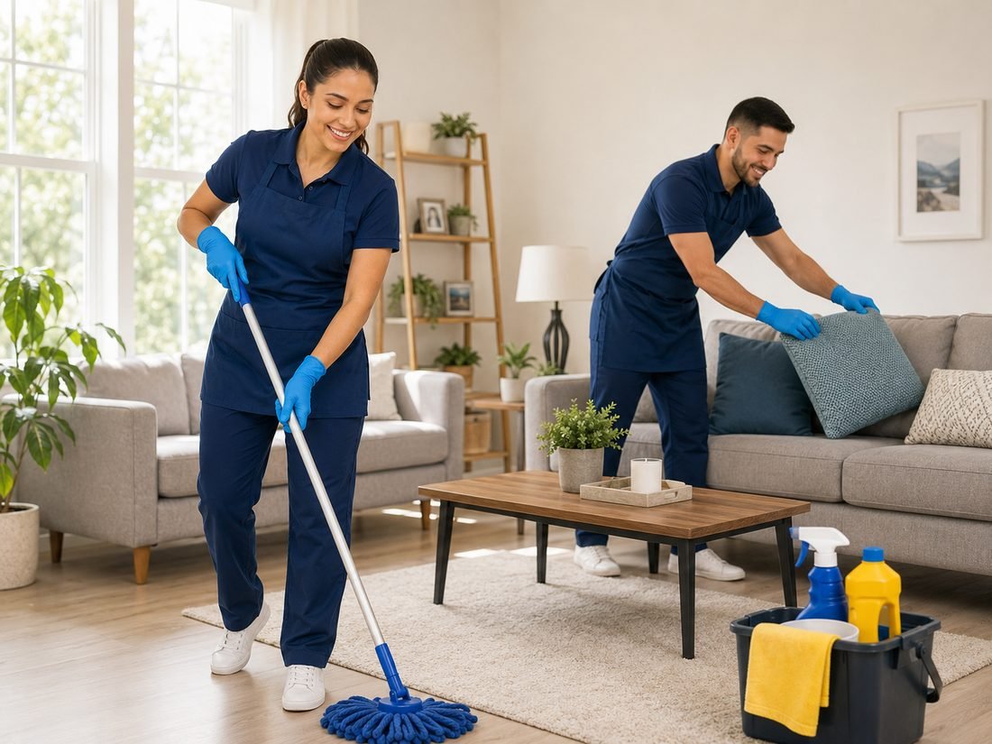 Sunshine Cleaning Services team cleaning a living room